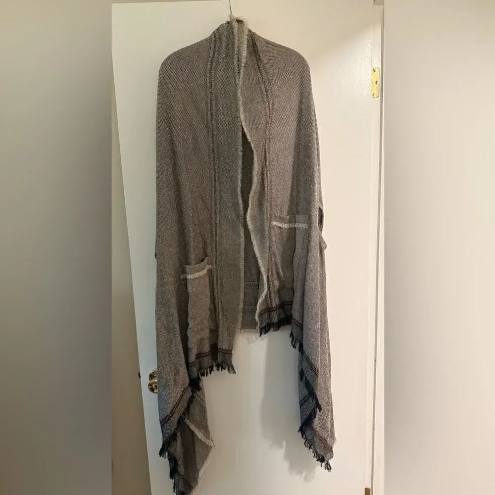 Elegant Gray Women's Shawl Wrap, Burgundy stripe detail